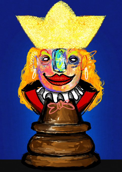 A colorful, stylized digital painting of a grotesque clown face with a large red smile, sitting atop a chess piece (appearing to be a pawn or rook) against a solid blue background.