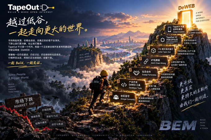 The image is a promotional graphic for TapeOut, featuring a hiker ascending a mountain labeled "DeWEB," with milestones like "TapeOut V2," "Global Adoption," "DeWEB 工具包" (DeWEB Toolkit), and product switch features (产品开关). It highlights the Chinese text "越过低谷，一起走向更大的世界" ("Cross the trough and walk toward a bigger world together") and includes a "市场下跌 MARKET DIP" sign, visually reinforcing the accompanying post's message about BEM's price drop and the community's resilience in moving forward despite market downturns.
