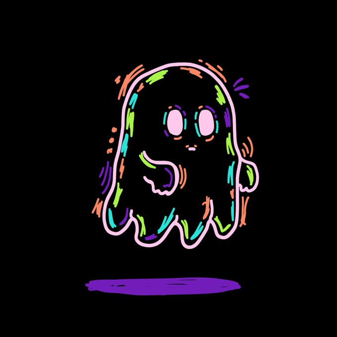 A cute cartoon illustration of a colorful ghost-like figure with large eyes floating above a purple puddle on a black background, drawn in a vibrant, sketchy style.