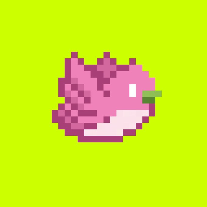 A pixel art illustration of a pink bird with a small green beak, set against a bright lime-green background that complements the post's reference to a "green chain." The minimalist 8-bit style evokes early digital gaming aesthetics, fitting the "chain" theme.