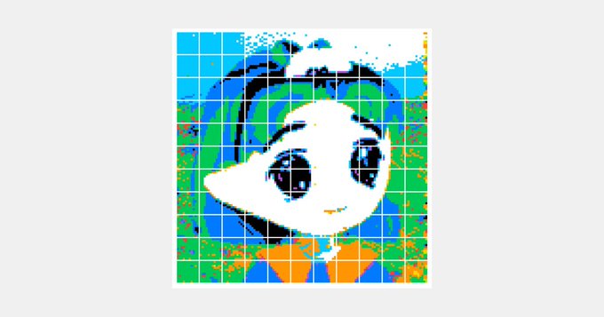 A pixelated, colorful image shows a cartoonish white character with large black eyes and an orange body on a green and blue grid background.