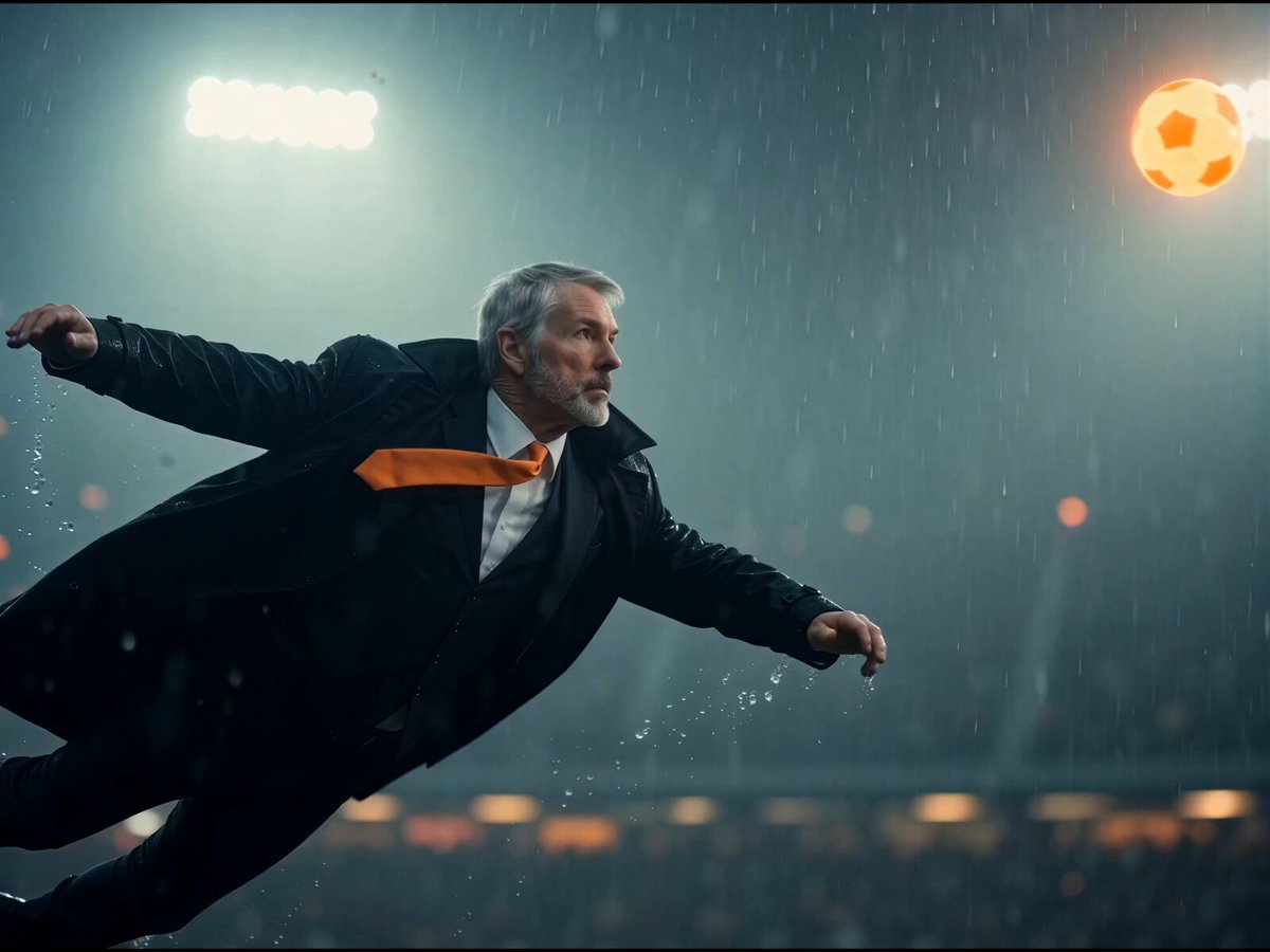 The image features a man dressed in a suit and tie, who appears to be playing soccer or attempting to kick an orange sports ball that is floating in front of him. The background shows a stadium filled with spectators watching the event. The caption "Against ₿ears, it's best to use your head" suggests that the image might be related to a sports-related incident where someone was injured due to not paying attention or not using their head properly during an activity involving soccer balls and other sports equipment.

The man in the suit is positioned towards the center of the image, with his body angled towards the right side. The orange sports ball can be seen floating near him on the left side of the image. The stadium filled with spectators indicates that this event might have been a professional or high-profile match.