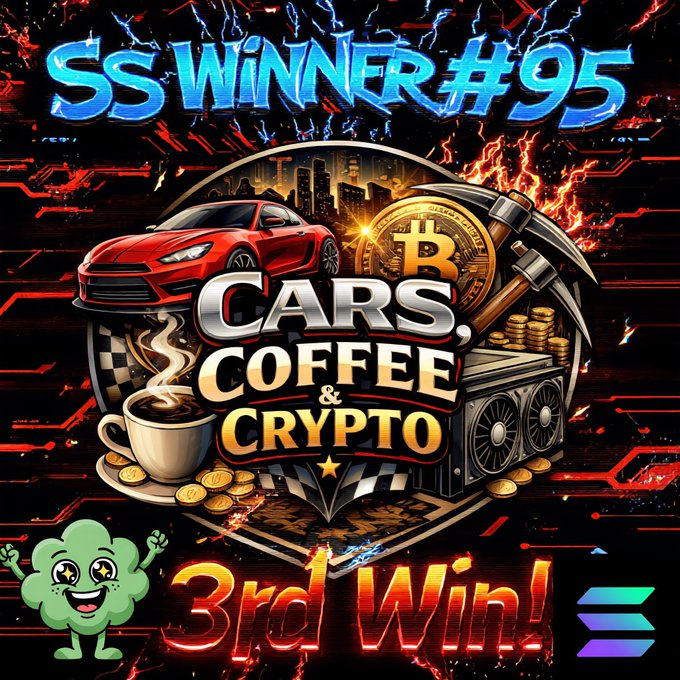 The image displays a vibrant promotional graphic for "SS Winner #95" featuring the "Cars, Coffee & Crypto" logo with imagery of a red sports car, Bitcoin, a pickaxe, coffee, and coins, accompanied by a cartoon cactus mascot celebrating a "3rd Win!"—though the post corrects this to actually being the winner's 2nd win, requesting that @carsandcrypto78 DM a Solana wallet for the $50 SOL reward.