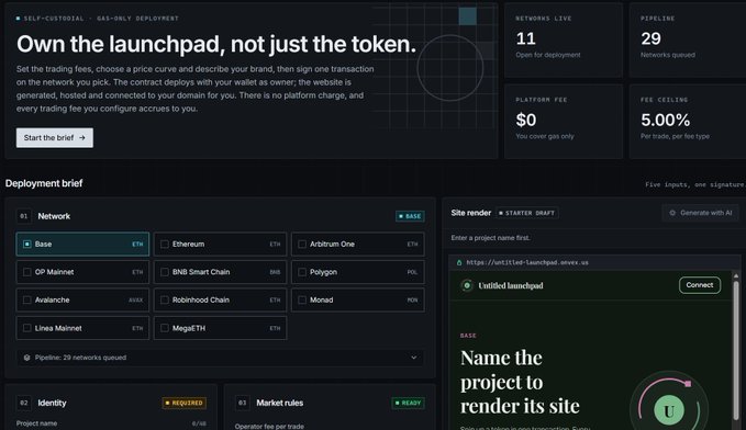 A dark-themed website interface for a token launchpad service displaying "Own the launchpad, not just the token" with deployment options including Base, Ethereum, Arbitrum One, OP Mainnet, BNB Smart Chain, Polygon, Avalanche, Linea Mainnet, and MegaETH.