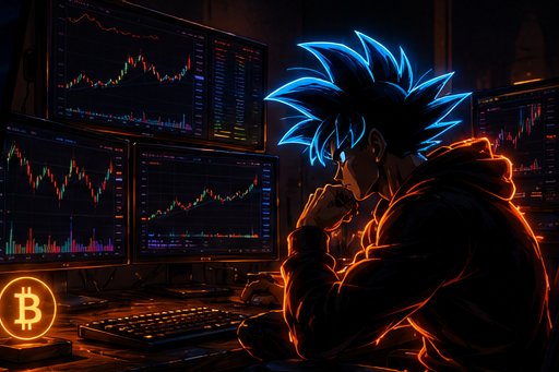An anime character with glowing blue hair sits at a desk viewing Bitcoin price charts across multiple monitors, with a Bitcoin logo on a lamp in the corner.