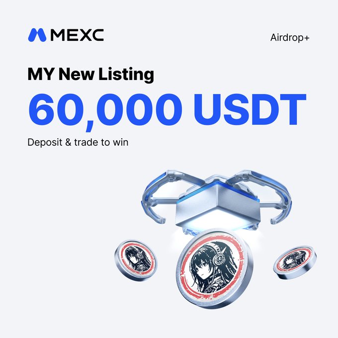 A MEXC promotional graphic advertises a 'MY New Listing' with a prize pool of '60,000 USDT,' featuring a futuristic drone and metallic coins stamped with an anime character.