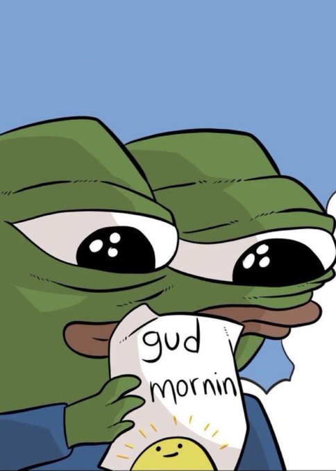 Pepe the Frog holds a note reading "gud mornin," visually representing the positive momentum and new beginnings implied by the post stating "$PEPE is building a solid base for growth."