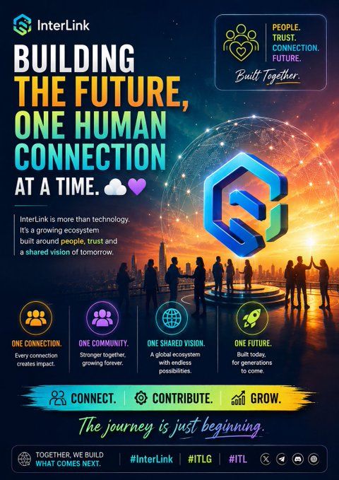 A promotional poster for InterLink with the tagline 'BUILDING THE FUTURE, ONE HUMAN CONNECTION AT A TIME,' highlighting people, trust, connection, and future, along with the hashtags #InterLink, #ITLG, and #ITL.