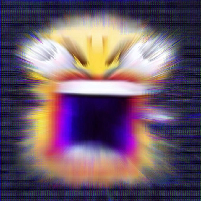 The image shows a distorted, glitch-art rendering of a mysterious purple and gold cylindrical object resembling a magic hat or trophy, with chromatic aberration effects making it appear like a low-quality, meme-worthy NFT. It relates to the post's hype around an unknown "LMAO" coin that Sling is deploying, with the chaotic, blurry visual style emphasizing the speculative and humorous nature of the rapid coin flip.