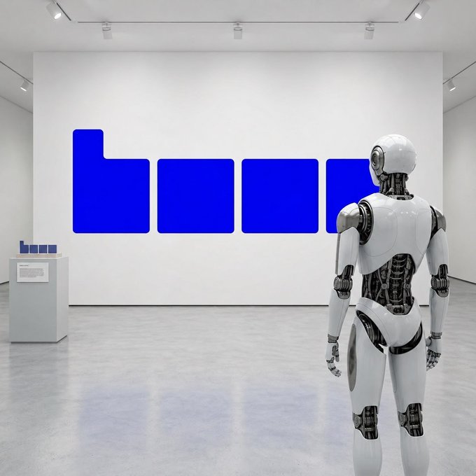 A humanoid robot stands in a minimalist white gallery facing a large blue pixelated design on the wall, with smaller blue sculptures displayed on a pedestal nearby. The futuristic, AI-themed scene visually reinforces the post's message about something major being built on AI within the Base ecosystem.