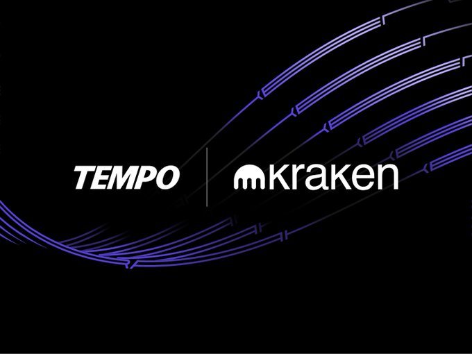 The image features a logo for a company named "Tempo" that specializes in centralized exchange services. The logo includes a wave design with purple lines, symbolizing the flow of transactions within the platform. Below the wave design, there are two words written in white text - "Kraken" and "Tempo". These words indicate that the company is focused on providing centralized exchange services to Kraken users.