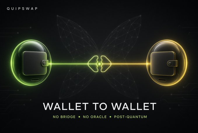 A promotional image for QuipSwap showcasing its 'Wallet to Wallet' feature with two glowing wallets (green and yellow) connected by a beam, emphasizing 'No Bridge • No Oracle • Post-Quantum' security.