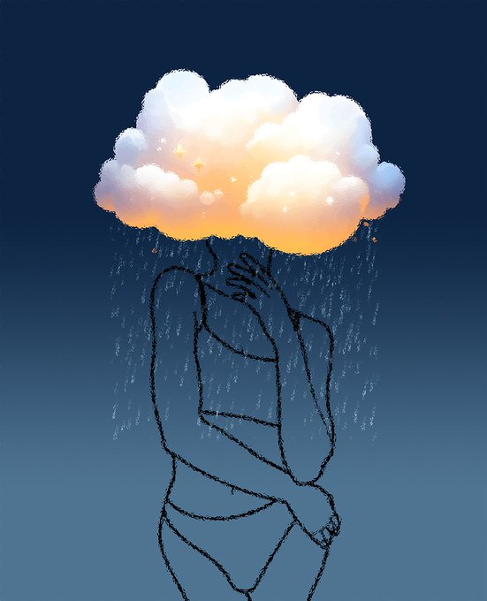 Illustration of a figure in a bikini embracing themselves against a dark blue background, their head replaced by a glowing cloud with rain falling from it.