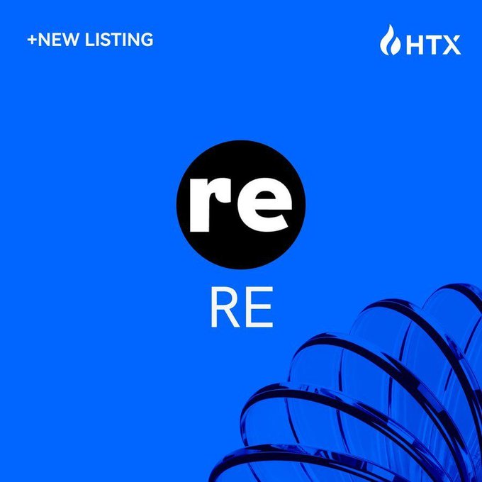 The image features a blue background with white text that reads "RE" at the center of the frame. Below this, there are three lines of glass arranged vertically, creating an interesting visual effect against the blue backdrop. The caption below the image states "NEW LISTINGS OFTEN SPARK FRESH INTEREST $HTX". This suggests that a new listing or project has been added to the HTX platform, and it is open for users to explore and invest in.