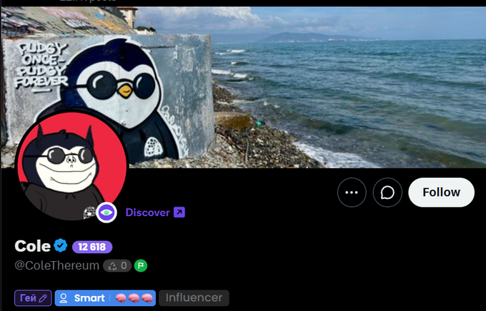 A Twitter profile page for user 'Cole' (@ColeThereum) with a verified checkmark, 12,618 followers, showing banner art of graffiti by the ocean and avatar of a cartoon character.