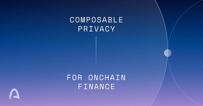The image shows an advertisement with a blue sky background, featuring a purple circle that reads "Compatible Privacy" and another purple circle below it that says "For Onchain Finance". The text suggests that the company offers privacy solutions for financial products or services.