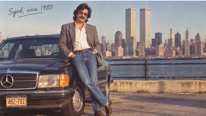 A retro-style photo captioned 'Syed, circa 1980' showing a man with mustache and sunglasses leaning against a Mercedes-Benz with the NYC skyline (including Twin Towers) in the background.