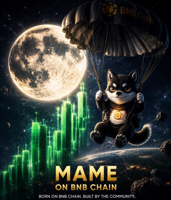 A promotional graphic for the MAME memecoin on BNB Chain, showing an anime-style Shiba Inu dog parachuting past a large moon and green candlestick chart, with text 'MAME ON BNB CHAIN - BORN ON BNB CHAIN. BUILT BY THE COMMUNITY.'