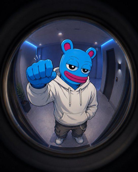 An illustrated cartoon of a blue bear-like character with pink ears wearing a white hoodie and grey pants, posing with a raised fist, viewed through a circular peephole frame.