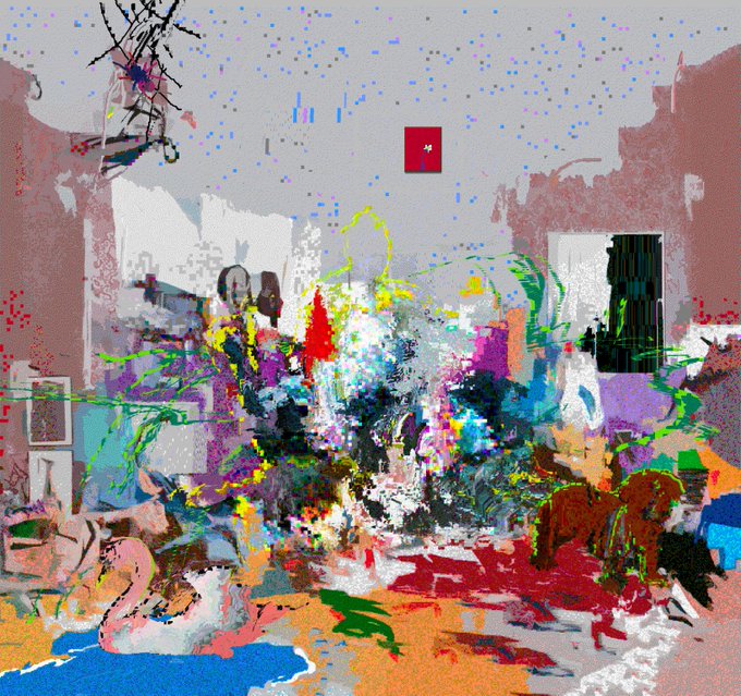 An abstract, glitch-art style composition featuring chaotic splashes of vibrant colors including pink, red, blue, green, and yellow overlaid on what appears to be a room interior.