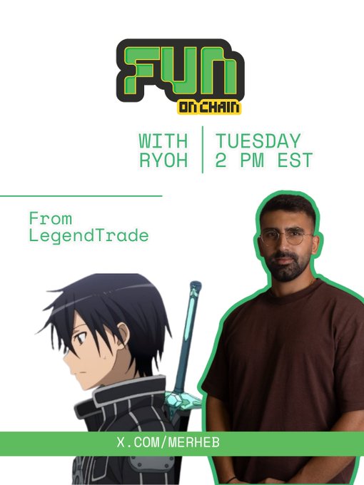A promotional graphic for a "FUN on CHAIN" livestream featuring Ryoh from LegendTrade, scheduled for Tuesday at 2 PM EST, displays an anime character (resembling Kirito from Sword Art Online) alongside a photo of a bearded man in a brown shirt, with the handle "x.com/MERHEB" at the bottom—visually matching the post's announcement about the upcoming discussion on competitive trading and the Legend Trade Series in Korea.