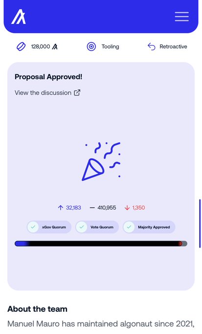 A mobile interface displaying 'Proposal Approved!' for the 'algonaut' project with voting metrics: 32,183 up, 410,956 neutral, and 1,350 down.