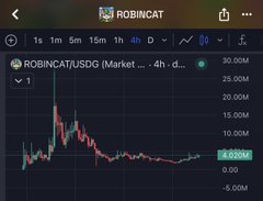 A 4-hour candlestick chart of $ROBINCAT/USDT on the RobinCat Market displays a sharp initial spike followed by a steady downtrend, currently trading around 4.00M with a 1.07% change. The chart visually reinforces the post's call to attention, highlighting the token's recent volatility and the community's ongoing efforts to support its recovery.