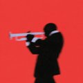 A pixel art animation frame showing a black silhouette of a figure holding a rifle against a solid red background.