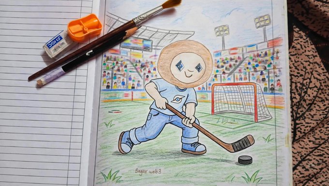 A hand-drawn illustration of a round-headed cartoon character playing ice hockey with a goal net and stadium in the background, signed "Sagar web3", surrounded by art supplies on a lined notebook.