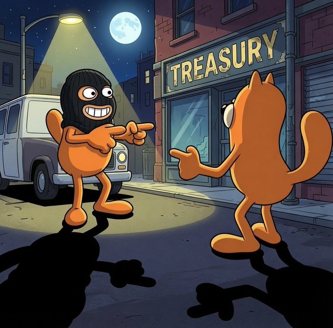 A cartoon illustration of two orange figures, one wearing a ski mask, pointing fingers at each other on a street at night near a 'TREASURY' building.