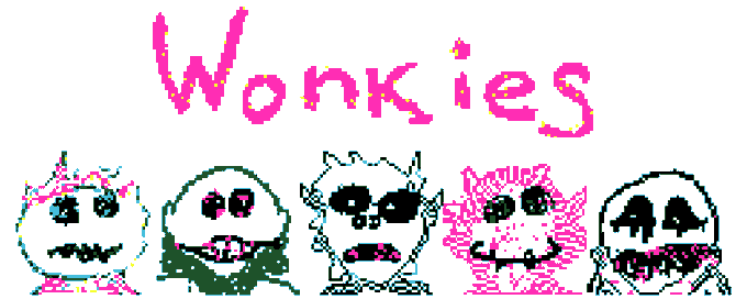 Pixel art graphic displaying the word 'Wonkies' in pink text above five quirky cartoon character faces in various colors.