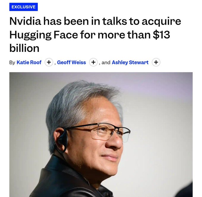 A news headline from Business Insider reports "Nvidia has been in talks to acquire Hugging Face for more than $13 billion," featuring a photo of Nvidia CEO Jensen Huang. The image highlights Big Tech's growing interest in AI infrastructure, supporting the post's claim that Nvidia will eventually seek exposure to decentralized AI networks like $TAO to coordinate AI at scale.