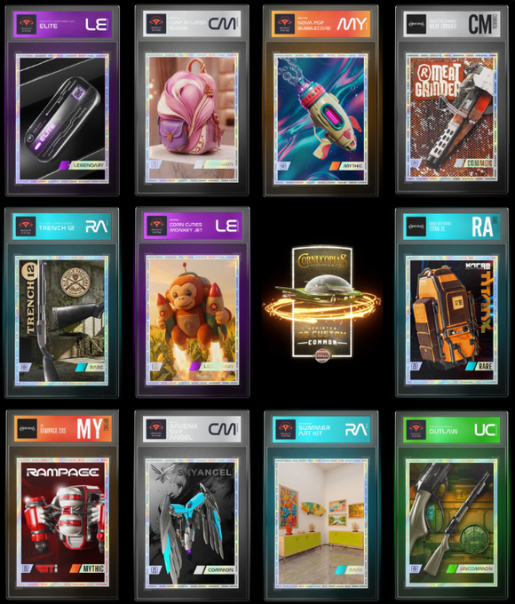 Grid of various NFT digital trading cards featuring items like cars, backpacks, and weapons with rarity labels like 'LEGENDARY', 'COMMON', and 'MYTHIC'.