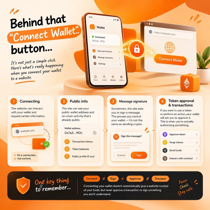 An infographic titled 'Behind that "Connect Wallet" button...' explaining the 4-step process of connecting a crypto wallet to a website (Connecting, Public info, Message signature, Token approval & transactions), emphasizing to pause and stay safe.