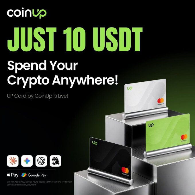 CoinUp promotes its new "UP Card" crypto debit card, available as white, green, and black Mastercard variants displayed on metallic stands, with bold green text advertising "JUST 10 USDT" to "Spend Your Crypto Anywhere!" alongside compatibility icons for Apple Pay, Google Pay, and other major payment platforms.