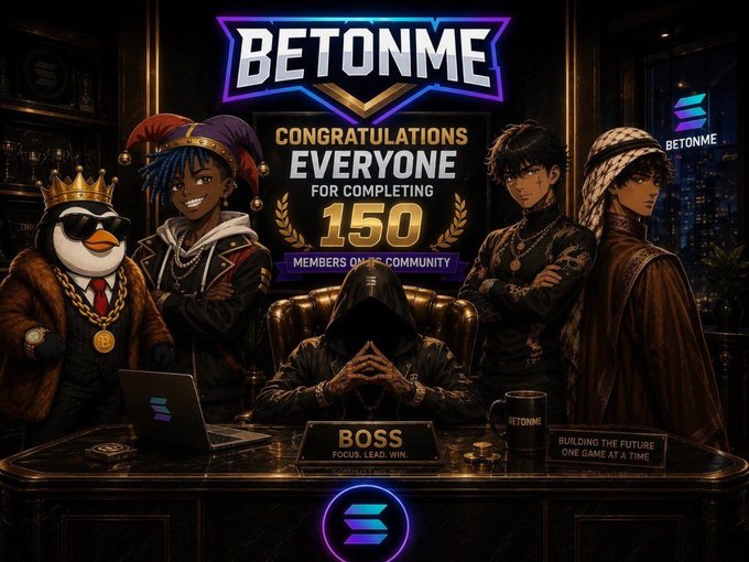 A digital illustration for 'BETONME' celebrating '150 MEMBERS ON ITS COMMUNITY' with the tagline 'BUILDING THE FUTURE ONE GAME AT A TIME,' featuring cartoon characters around a desk labeled 'BOSS. FOCUS. LEAD. WIN.'