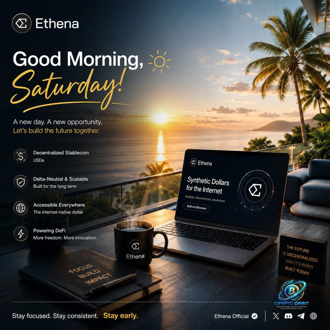 An Ethena promotional graphic with 'Good Morning, Saturday!' featuring a laptop displaying 'Synthetic Dollars for the Internet', an ocean sunset view, and features like 'Decentralized Stablecoin USDe' and 'Built on Ethereum'.