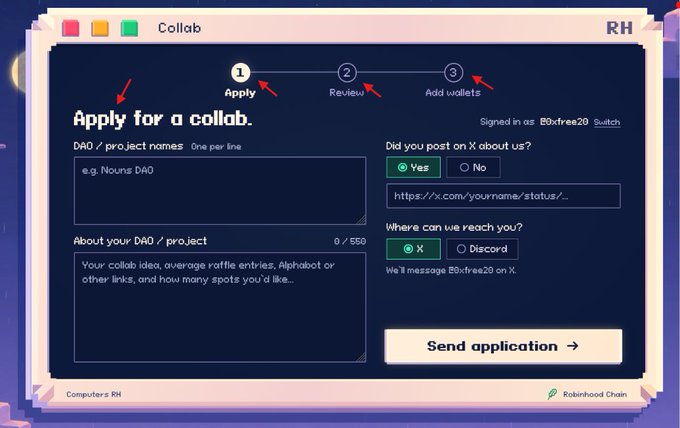 A retro-styled application window titled "Apply for a collab" displays the three-step submission process (Apply, Review, Add wallets) for the Computers RH collab event, featuring form fields for DAO/project names, project descriptions, and social media handles, with the user signed in as @Bxtfree29 via Robinhood Chain. The interface aligns with the accompanying announcement about the live collab page and upcoming NFT mint distribution.