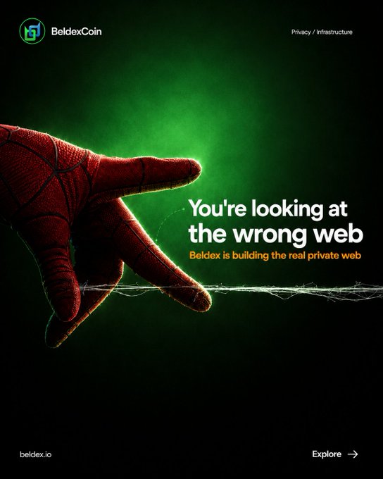 An advertisement for BeldexCoin with the text 'You're looking at the wrong web' and 'Beldex is building the real private web', featuring a Spider-Man hand shooting a web.