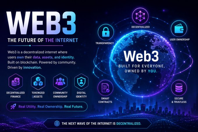 Digital infographic about 'WEB3 - THE FUTURE OF THE INTERNET' featuring a glowing blue globe surrounded by icons representing decentralization, transparency, user ownership, smart contracts, and security.