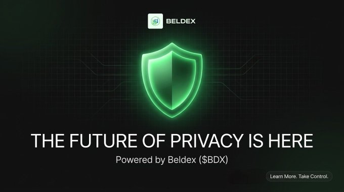 A promotional graphic for 'BELDEX' features a glowing green shield on a dark background, with the text 'THE FUTURE OF PRIVACY IS HERE' and 'Powered by Beldex ($BDX)'.