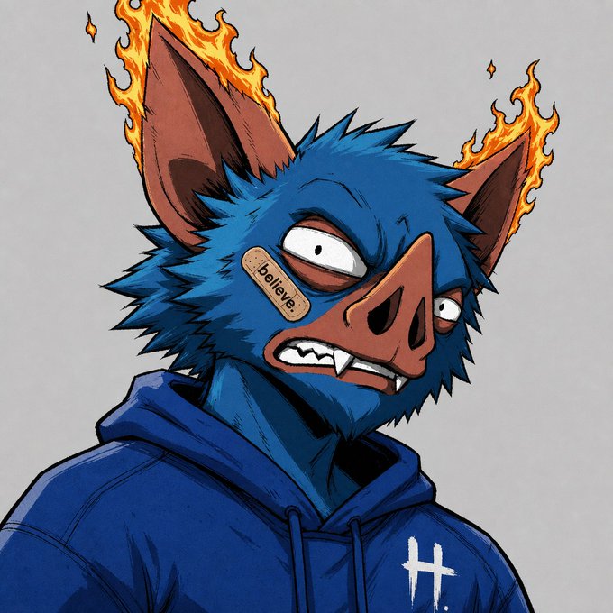 An illustration of a fierce blue-furred humanoid wolf-like character with flaming ears, sharp fangs, and a bandage reading 'believe,' wearing a blue hoodie marked 'H.'