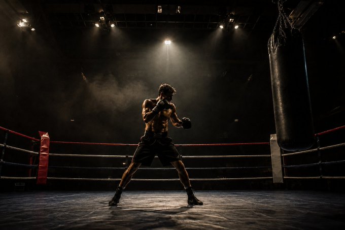 A silhouetted boxer stands in a dimly lit ring beneath a spotlight, facing a heavy punching bag with gloves raised in a fighting stance. The image mirrors the post's message about xPortal "punching above its weight," symbolizing the platform's resilience, preparation, and quiet rebuilding efforts to strengthen its foundations in the competitive finance space.