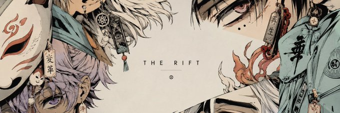 Anime-style artwork featuring masked and unmasked characters with Japanese text tags, flanking the title "THE RIFT" in the center. The detailed illustration serves as branding for @TheRIFTNFT_, showcasing the collection's mystical character designs alongside key launch details for potential collaborators.