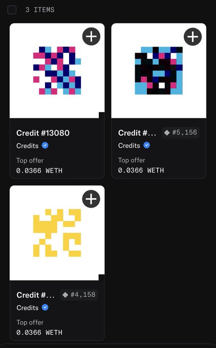 A mobile screenshot displays three NFT items labeled 'Credit' with pixelated artwork, all showing a top offer of 0.0366 WETH.
