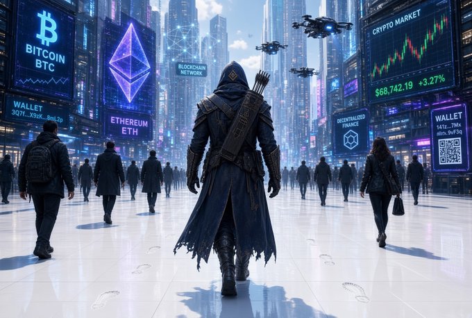 A hooded figure stands amid a futuristic cityscape filled with glowing billboards displaying "BITCOIN BTC," "ETHEREUM ETH," "CRYPTO MARKET," and wallet addresses, while drones hover overhead and pedestrians walk across a reflective plaza—visually echoing the post's message about hidden digital tracking and the need for privacy tools like Beldex, Belnet, and anonymous browsing to escape constant surveillance.