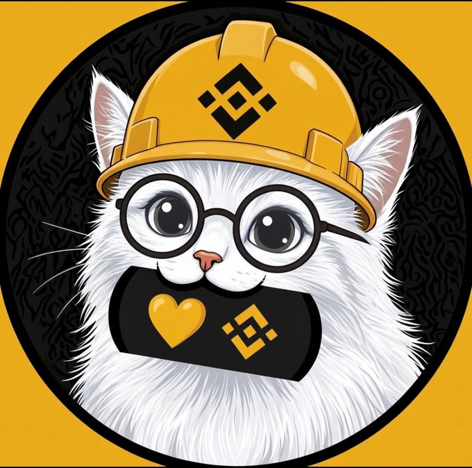 A digital illustration of a white cat wearing a yellow construction hard hat and round glasses, with a Binance logo visible on its hat and a heart-shaped tag.