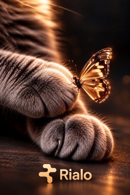 A close-up image of a tabby cat's paws with a glowing butterfly perched between them, featuring the 'Rialo' logo at the bottom.