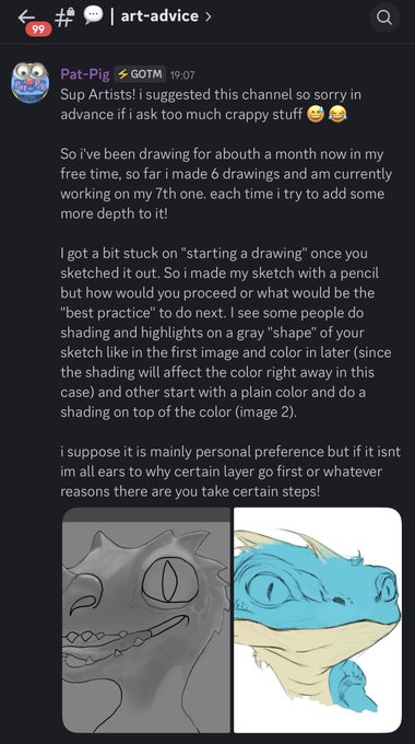 A Discord message from Pat-Pig in the art-advice channel asking artists about their workflow order when starting a drawing, specifically whether they begin with shading and highlights on a gray shape or with a plain color, accompanied by images of a lizard sketch and a colored version.