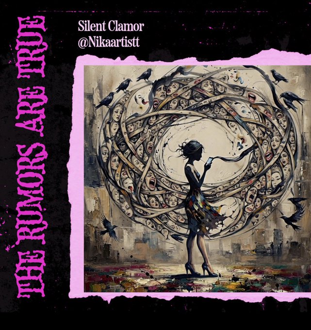 An artistic illustration titled 'THE RUMORS ARE TRUE' by 'Nikaartistt' and 'Silent Clamor,' depicting a woman surrounded by a swirling vortex of faces, crows, and ribbons against a painted city backdrop.